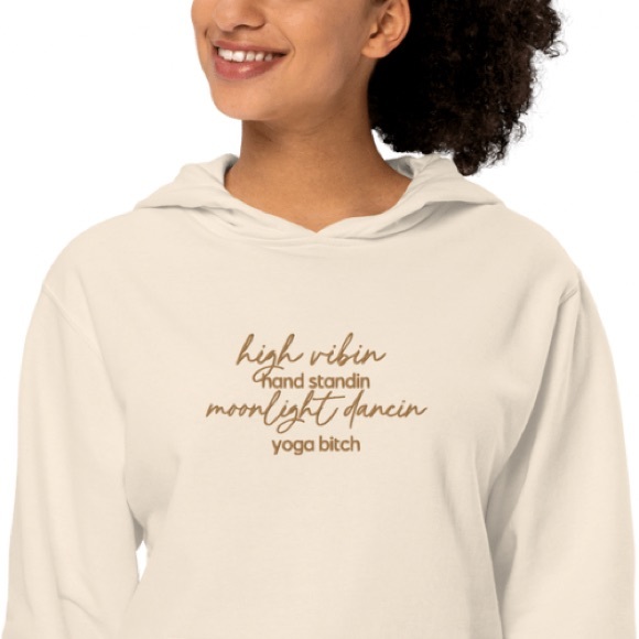 High Vibin Yoga Bitch Embroidered Long Line Loose Fit Fleece Hoodie in Bone NWT - Picture 3 of 6
